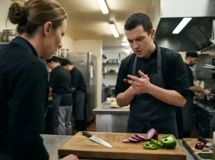 Un chef que se examina un corte en el dedo en una cocina