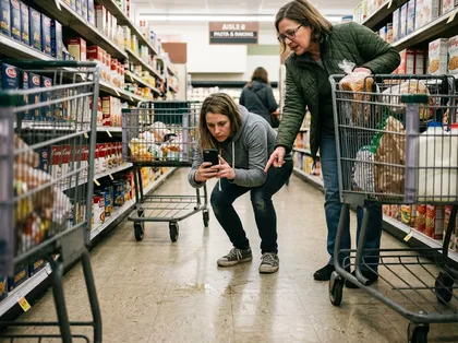 Un cliente que documenta un derrame de líquido en un supermercado