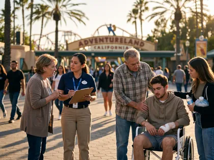 Un empleado de Adventureland (California) toma notas mientras un visitante lesionado recibe una bolsa de hielo, agua y el apoyo de su familia
