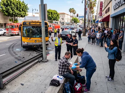 Un hombre herido recibe asistencia médica en la acera, junto a un autobús de Metro de Los Ángeles que ha sufrido un accidente