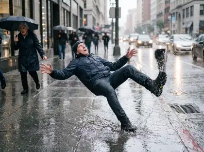 Un hombre resbalándose en una acera mojada bajo una lluvia intensa
