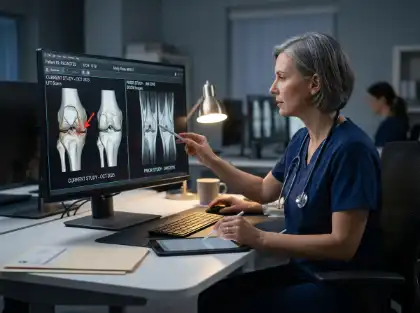 Un médico revisando imágenes de la rodilla y el historial médico en la pantalla de un ordenador