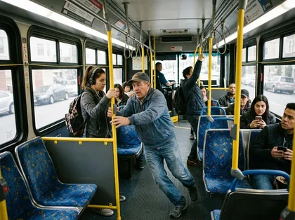 Un pasajero del transporte público tropieza en el pasillo mientras los demás pasajeros reaccionan ante una frenada brusca del autobús