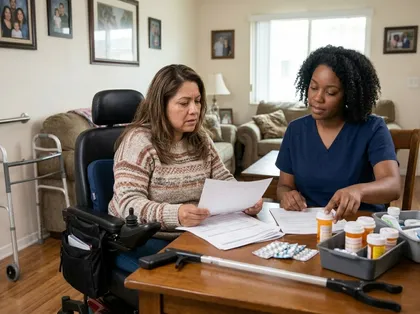 Una enfermera a domicilio que ayuda a una mujer en silla de ruedas a entender los formularios médicos y los medicamentos recetados