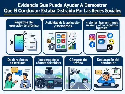 Una infografía sobre pruebas en accidentes de tráfico enumera siete formas de demostrar la distracción causada por las redes sociales