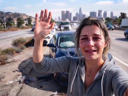 Una mujer se graba a sí misma pidiendo ayuda con la mano tras un accidente de coche en una autopista muy transitada de la ciudad