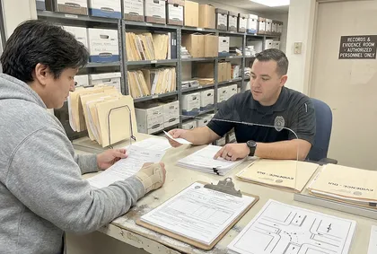 Una persona herida revisando los expedientes de pruebas de un accidente por conducir bajo los efectos del alcohol junto con un agente en una sala de archivos