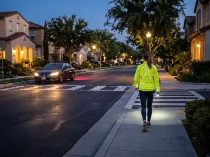 Woman in a reflective jacket walking near a crosswalk at dusk