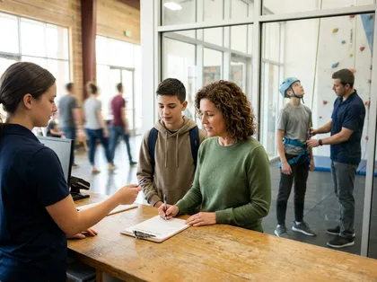 Woman signs a climbing gym waiver beside a teenage boy while staff assist another teen with a safety harness and helmet