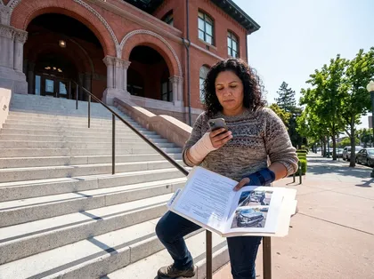 Woman with wrist braces reviews car accident documents outside a civic building in Alameda