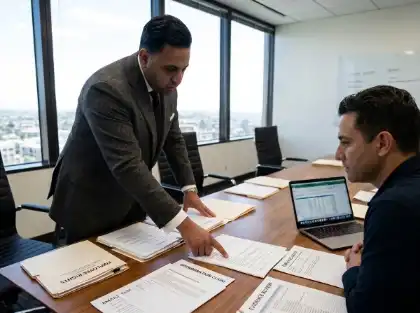 Abogado explicando documentos jurídicos a un cliente