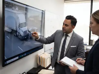 Abogado que revisa las imágenes de un accidente de camión