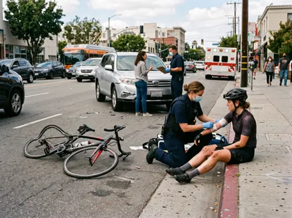 California bike accident scene showing a paramedic treating an injured cyclist beside a fallen bicycle