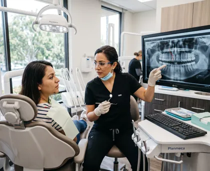 Car accident dental injury evaluation showing a dentist explaining X-ray results