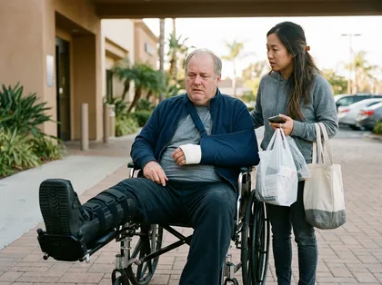 Caregiver supports an injured man in a wheelchair as he leaves a medical facility with an arm sling and leg immobilizer