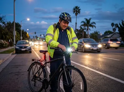 Ciclista que utiliza luces de seguridad mientras circula entre el tráfico