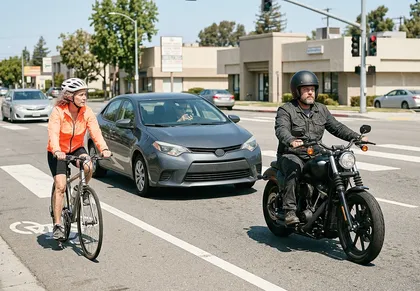 Ciclistas y motociclistas de California que respetan las normas de tráfico en una vía compartida