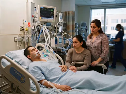 Coma patient receiving intensive hospital care with family at bedside