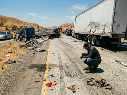 Consecuencias de un accidente de camión se aprecia el lateral destrozado del remolque junto a la calzada
