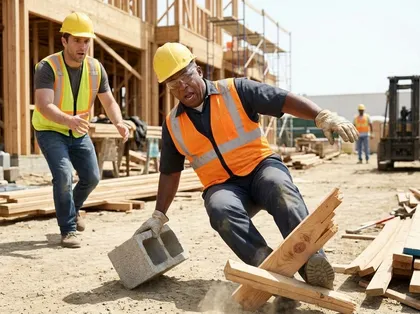 Construction worker falls while carrying a concrete masonry block after encountering improperly stored lumber