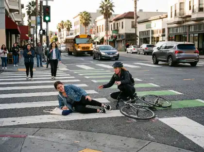 Cyclist avoiding pedestrian at busy intersection