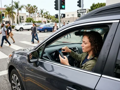 Distracted driver using a phone near a busy pedestrian crossing