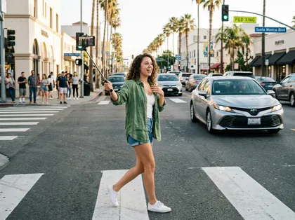 Distracted pedestrian filming on a phone while crossing a California street