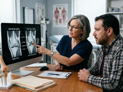Doctor compares knee scans after a slip-and-fall aggravated a preexisting injury