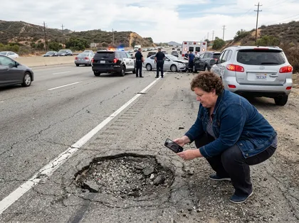 Driver documenting a dangerous pothole after a California car accident