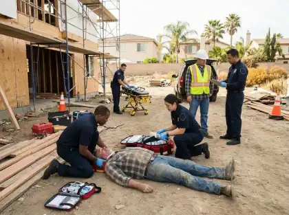 Emergency responders treating an injured construction worker at a residential job site