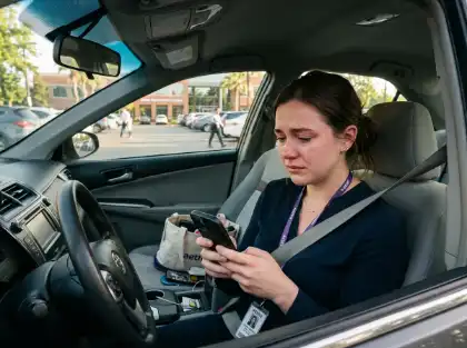 Empleado angustiado hablando por teléfono dentro de un carro