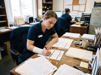 Employee wearing a wrist bandage fills out forms in a busy office while organizing paperwork and case files