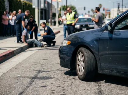 Escena de un atropello con un hombre herido al que le están prestando asistencia médica de urgencia