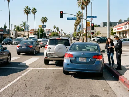 Escena urbana en California con tráfico, carros detenidos en un semáforo en rojo, calles bordeadas de palmeras y un oficial de policía hablando con una mujer