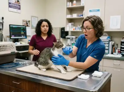 Gato que muerde la mano de un veterinario durante un examen