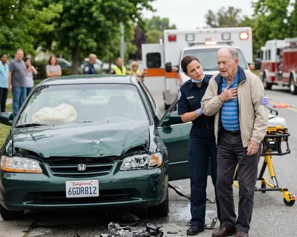 Imágenes tras un accidente de tráfico en las que se ve a un anciano herido al que un paramédico ayuda a levantarse