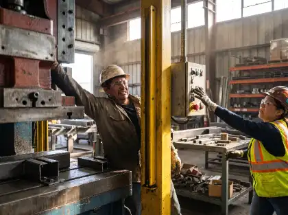 Industrial worker caught near heavy machinery as a safety supervisor reaches for the emergency stop button