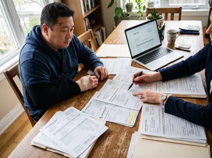 Injured bike accident victim with arm sling reviewing insurance claim documents with an attorney