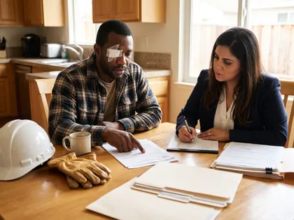 Injured construction worker with a bandaged eye reviews accident claim documents with an attorney