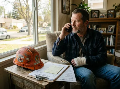 Injured construction worker with a bandaged hand discusses a personal injury claim by phone in Fresno