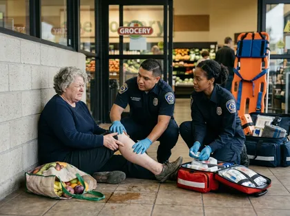 Injured customer receives emergency care after a grocery store slip-and-fall