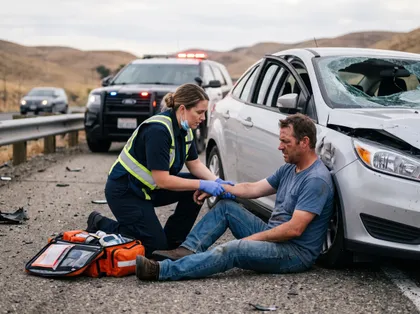 Injured driver receiving emergency care after a car accident