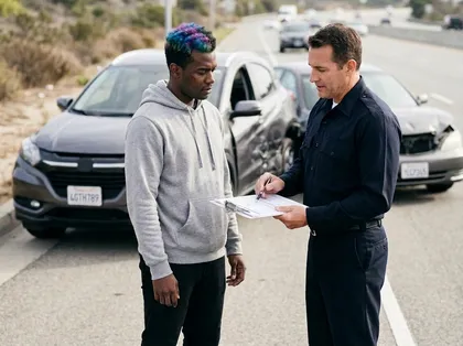 Injured man speaks with a police officer completing an accident report near damaged cars on a busy highway