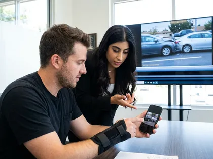 Injured man wearing a wrist brace discusses a car accident photo with a lawyer during a legal consultation