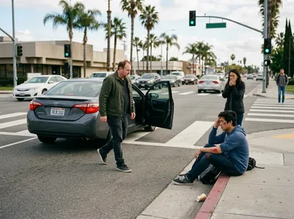 Injured pedestrian sitting on a sidewalk after a traffic accident
