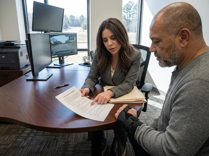 Injured truck driver discusses insurance coverage with an attorney