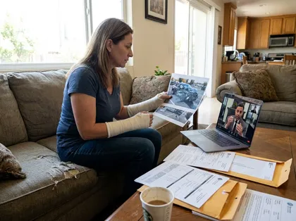 Injured woman with bandaged wrists shows car accident photos during a video consultation with an attorney in Los Angeles County