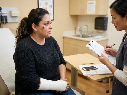 Injured woman with facial cuts and a bandaged wrist speaks with a healthcare professional during a medical examination
