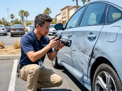 Insurance adjuster documenting vehicle damage for a California claim
