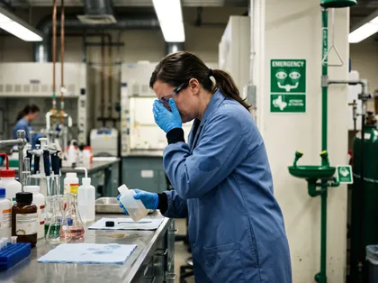 Laboratory chemical exposure incident with a scientist experiencing eye discomfort while working near hazardous liquids
